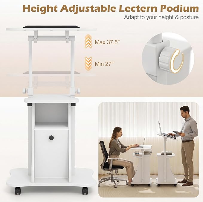 Tangkula Rolling Lectern Podium Stand, Height Adjustable Laptop Table with Tilting Tabletop & Storage Shelves, Compact Standing Desk with Lockable Casters for Home Office School (White)