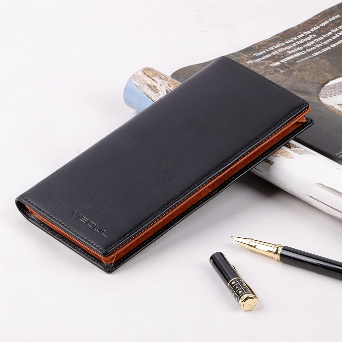 VISOUL Leather Checkbook Cover Wallet for Men with RFID Blocking, Mens Long Bifold Cash Tall Wallet with 11 Credit Card Slots 1 ID Window (Black and Orange)
