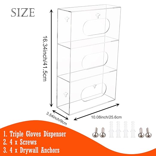Triple Glove Box Holder Wall Mount, 3 Compartments Clear Acrylic Rubber Nitrile Gloves Dispenser for Lab, Hospital, Kitchen - Side-Loading - Mounting Hardware Included -10 x 3.5 x 16.4 IN