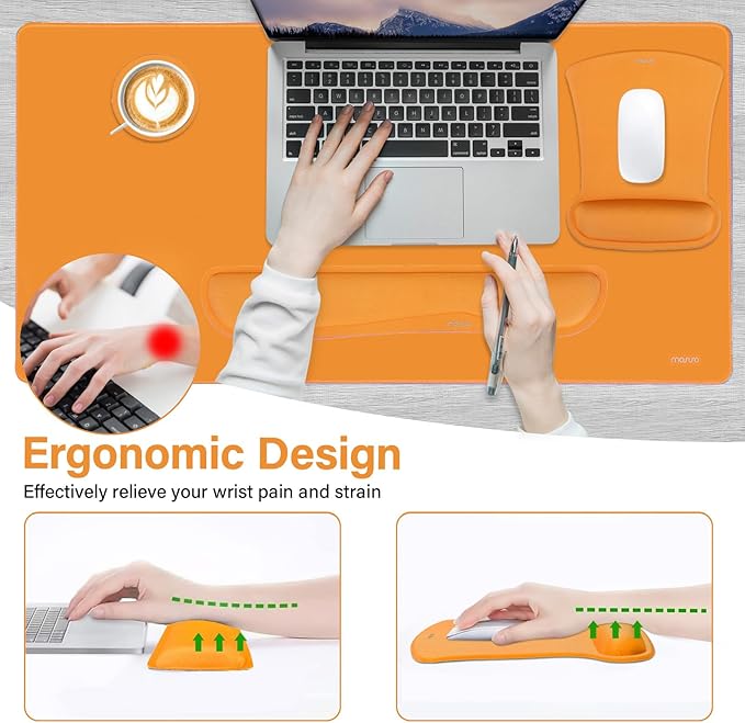 MOSISO Keyboard Mouse Pad Set, Large Gaming Mousepad&Keyboard Wrist Rest&Mouse Wrist Rest&Coaster, Ergonomic Non-Slip Mousepad&Easy Typing Cushion with Memory Foam for Home Office, Orange