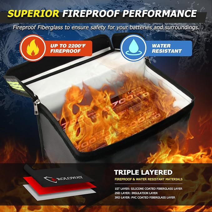 Lipo Battery Bag (15 x 8.5 x 10 inch), Large Fireproof Lipo Ebike Bag with Comfortable Handle, Reflective Strip