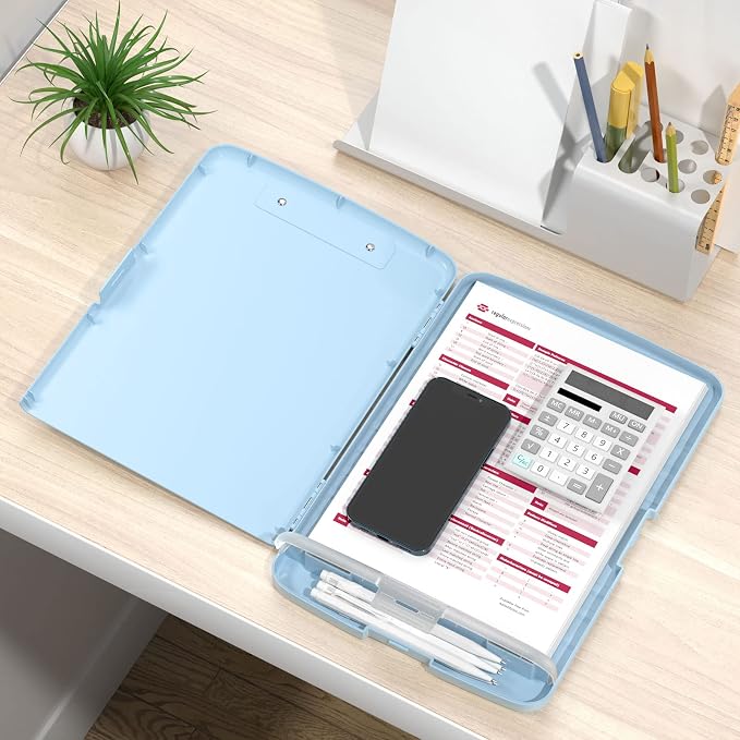 Rimilak Clipboard with Storage, 8.5 x 11'' High Capacity Clip Board, Blue | Smooth Writing, Side-Opening Plastic Folder with Pen Holder, Size 14.2 x 9.6 x 1.2″ ,for Classroom, Teacher, Student
