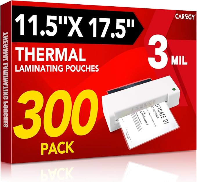 CAREGY 300 Pack Laminating Sheets, Hold 11 x 17 Inch Sheet, 3 Mil Clear Thermal Laminating Pouches 11.5 x 17.5 Inch Lamination Sheet Paper for Laminator, Round Corner