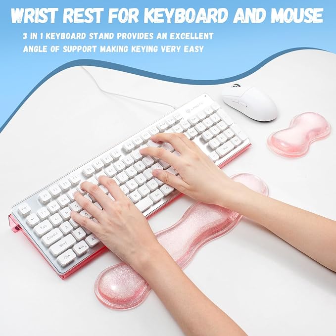 Pink Acrylic Ergonomic Keyboard Stand with Clear Gel Wrist Rest | for Desktop Clear Keyboard Holder with Soft Wrist Support, Aesthetic Desk Accessories for Office, Gaming & Home
