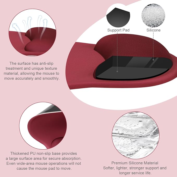 MOSISO Wrist Rest Support for Mouse Pad&Keyboard Set, Wine Red | Circle Curved Ergonomic Mousepad Non-Slip Base Home/Office Pain Relief&Easy Typing Pad with Soft Cloth&Silicone Lining