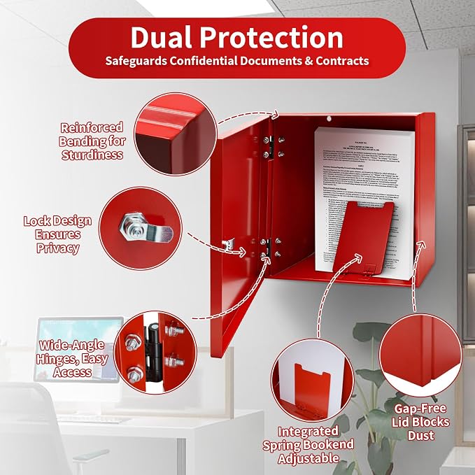 System Record Documents Enclosure, 13.8 X 13.8 Inch Fire Box for Documents, System File Cabinet Locking Document Storage for Office Home with Adjustable Spring Bookends, Red