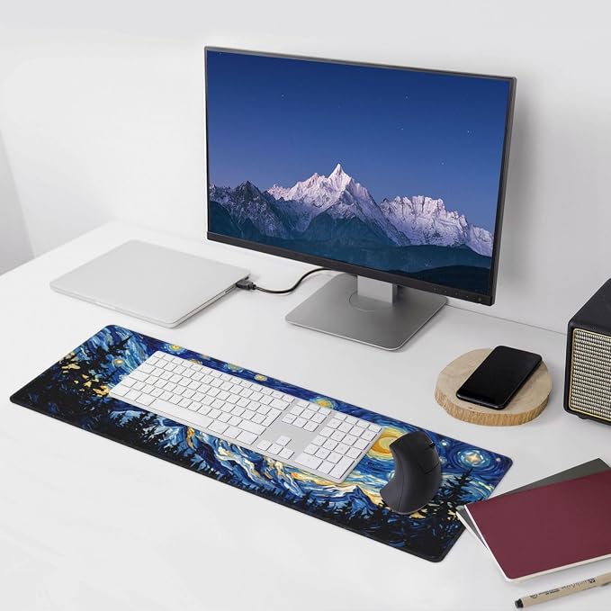 Starry Sky Forest Gaming Mouse Pad Extended Desk Mat 31.5x11.8in | Gaming Mousepad, Non-Slip Rubber Base, Large Keyboard Pad with Stitched Edges, Desktop Protector, for Office Home