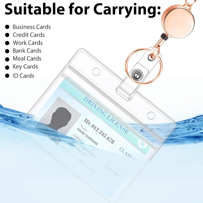 Rose Gold Lanyards for Id Badges Stainless Steel Badge Lanyard with 2 Pcs Waterproof Id Holder Retractable Badge Lanyards Teacher Lanyard for Cruise Ship Key Cards Badges