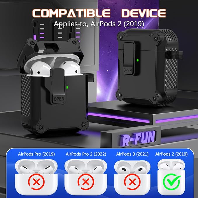 for AirPods 2 Case Cover with Lock Magnetic Lid, Black | Compatible with Apple AirPods 2 and AirPods(2016), Case with Cleaner Kit & Keychain, Powerful Drop Protection