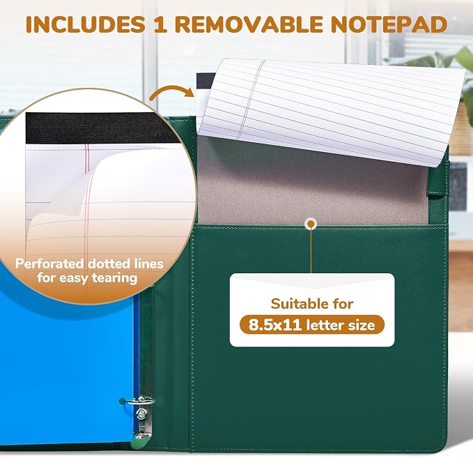 JoyCat 3 Ring Binder Clipboard with Storage, 5 Folders, Dark Green | 3 ring clipboard portfolio combines five expandable folders, a refillable letter-size notepad and storage