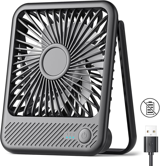 Koonie USB Desk Fan, Strong Wind Ultra Quiet Small Mini Fan | 180° Tilt Folding & 3 Speeds Adjustable, USB-C Corded Powered Personal Fan for Office Desktop Bedroom, Black, NO BATTERY