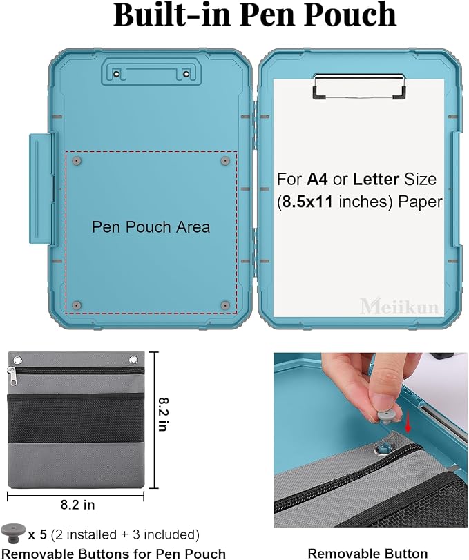 Meiikun Clipboard with Storage, Rugged Shockproof Protective, Internal Pen Pouch & Metal Clip, Heavy Duty Plastic Clip Boards 8.5x11, High Capacity Contractor Folder for School Office (Light Blue)