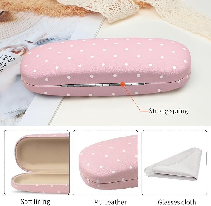 Glasses Case Hard Shell, Cute Sunglasses Case for Women Leather Protective Case for Eyeglass with Cleaning Cloth