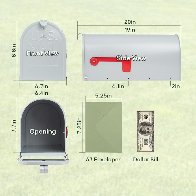 Metal Mailboxes for Outside Post Mount, RAINHOL Residential Mailbox, Galvanized Steel Heavy Duty Outdoor Mail Box, Standard Compacity, 20 x 8.7 x 6.7 inches, Gray