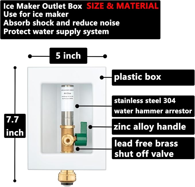 (1 Pack) Lidertik 1/2 inch Push-to-Connect Pre-Assembled Ice Maker Outlet Box Valve 1/4 inch Recessed Refrigerator Water Line Wall Box with Shut Off Valve and Stainless Steel Hammer Arrestor 651