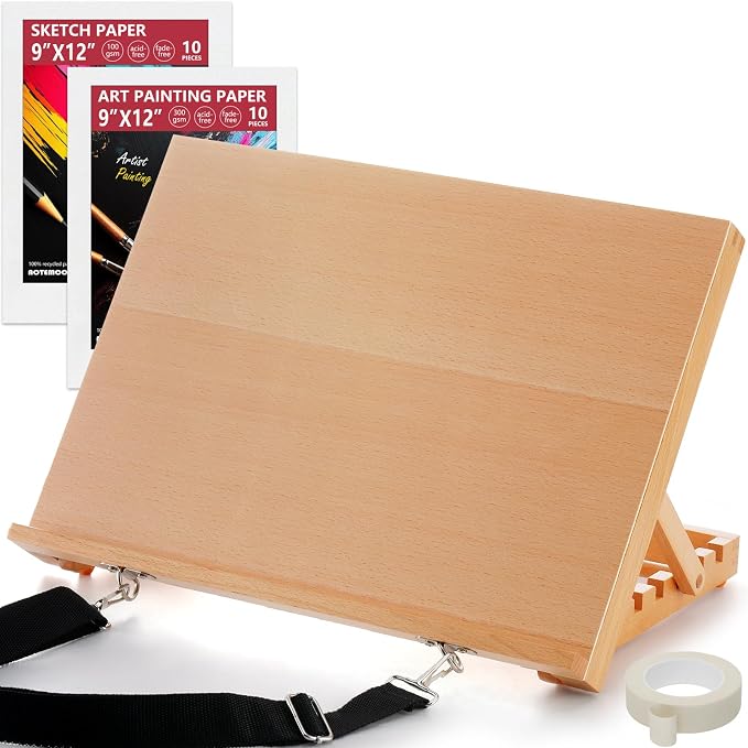 16.5"x12" Beechwood Tabletop Easel with Paint and Sketch Papers,Mask Tape | Portable Adjustable Art Easel with Detachable Strap, Drawing Board for Painting, Sketching and Diamond Art