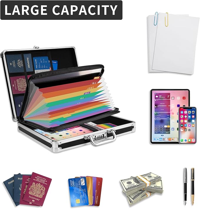 Clipboard with Storage Combination Lock Briefcase with Accordion File Folder Heavy Duty Metal Document Box Organizer, Storage Clipboards Maximum Security for Home, Bussiness Trip