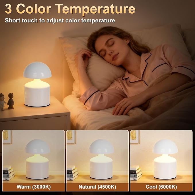 SAIWEYA Modern Cordless Mushroom Small Table Lamp, Dimmable Touch Battery | 3-Way Dimmable, Mini Rechargeable LED Desk Lamp, Night Light, Bedside Nightstand Lamps for Bedroom, Living Room