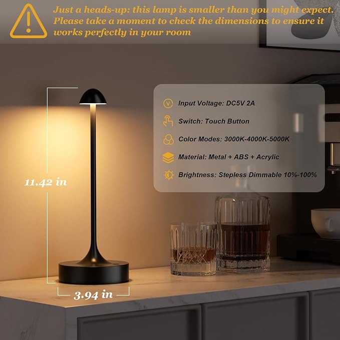 Cordless Rechargeable Table Lamp, Battery Operated Desk Lamp, Black, 2 Pack | Wireless Night Light, 3 Color Modes, Stepless Dimming, Portable LED Lighting for Dining Room, Restaurant, Bedside, Kitchen