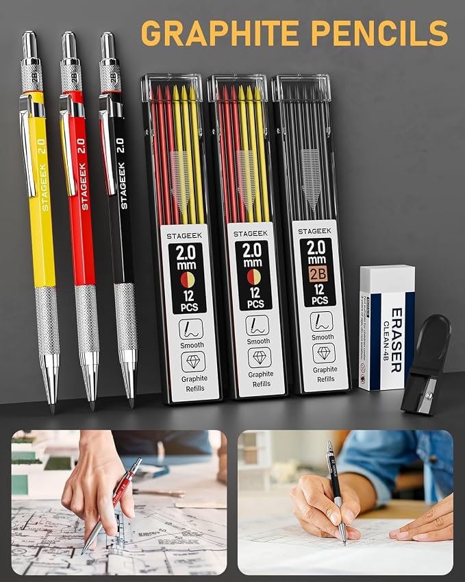 STAGEEK 22 Pack Carpenter Pencil Set with Sharpener | Construction Pencil Set with Deep Hole Long-Nib Markers , Woodworking Tool & Carpenter Pencils for Architect, DIY with Case