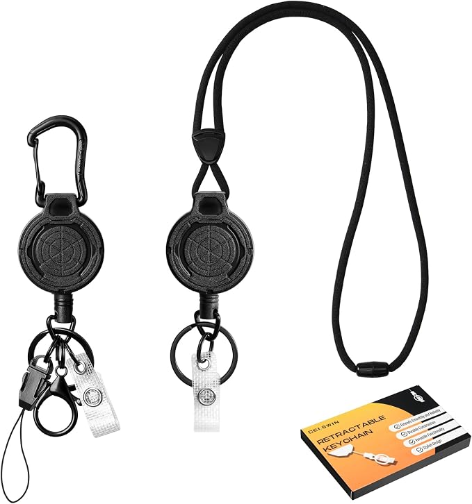 DELSWIN Heavy Duty Retractable Lanyard - Breakaway Lanyards for ID Badges Keys, Retractable Keychain with Upgraded Carabiner, Key Ring, and Lobster Clasp, Bearing 10.0 oz