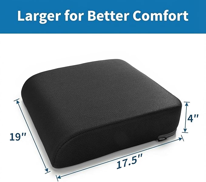 YOUFI Extra Thick Large Seat Cushion with Extra Cover, Gel Memory Foam Cushion with Carry Handle Non Slip Bottom, Pain Relief Coccyx Cushion for Office Chair, 19''x17.5''x4'' (Black Cover)