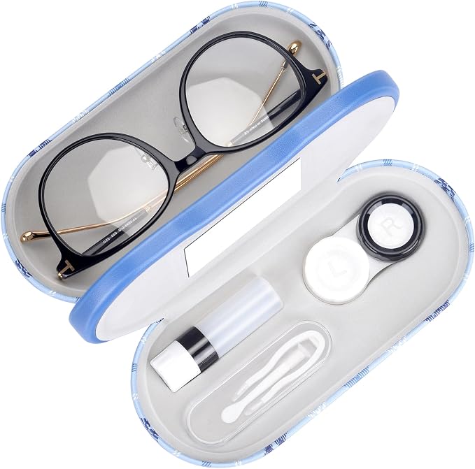 Muf 2 in 1 Contact Lens Case and Glasses Case, Double Sided Design with Mirror, Portable Travel Kit with Tweezer, Remover and Solution Bottle, Blue Plaid