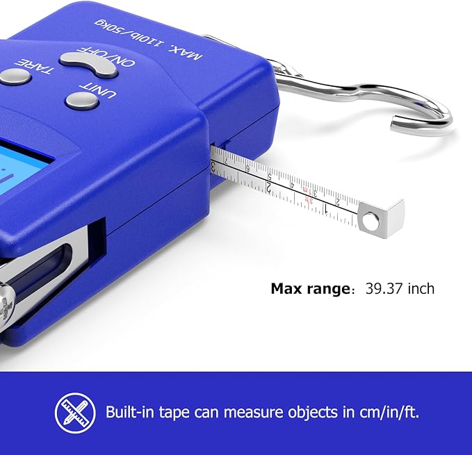 Dr.meter Fish Scale, 110 lb Digital Luggage Scale with Tape | 110 lb Capacity, Backlit LCD, Built-In Tape, Includes 2 AAA Batteries, Compact Pocket Size