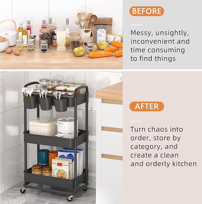 3-Tier Plastic Rolling Storage Cart Utility Cart Black | Utility Cart with Extra Hanging Cups Arc-Shaped Handles Lockable Wheels for Living Room Bathroom Kitchen Office