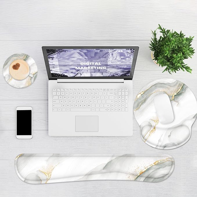 Ergonomic Mouse Pad with Wrist Rest and Keyboard Wrist Rest, Mousepad | Memory Foam Wrist Rest for Computer Keyboard, Pain Relief, Non-Slip Base, Mouse Pad Wrist Support for Gaming, White Marble