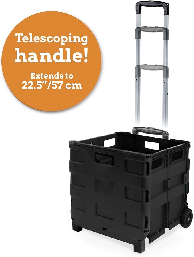 Collapsible Ultra-Slim Pack-N-Roll, 2 Wheel Utility Cart , With Telescopic Handle - Super Strong up to 80 Lbs Load Capacity, Black
