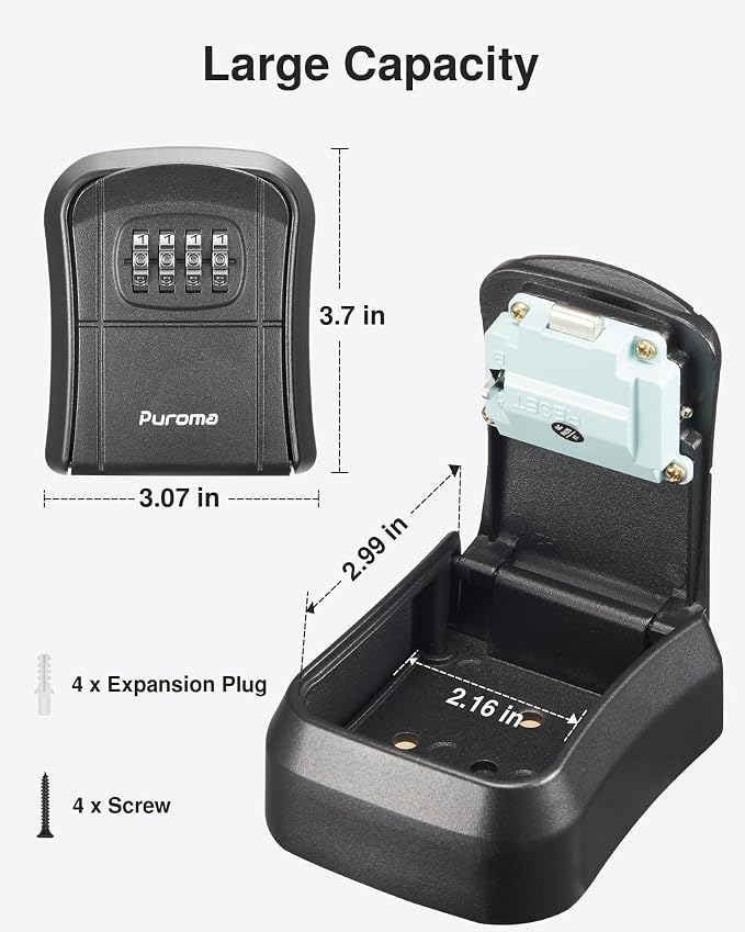 Puroma Key Lock Box Combo Wall-Mounted Storage Safe Lockbox Home Office | Outside, Portable, Wall Mount, Resettable, Combination, Weatherproof, High-capacity, Hold 5 Keys, Contractor Guest Realtor