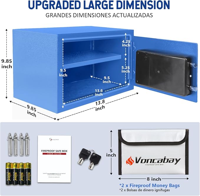 Voncabay Money Safe Box for Home with Digital Keypad, 0.8 Cu. Ft., Blue | Alloy Steel, 2 Fireproof Bags, Digital Keypad with Display, Removable Shelf, Fits A4, 13.8 x 9.85 x 9.85 In.