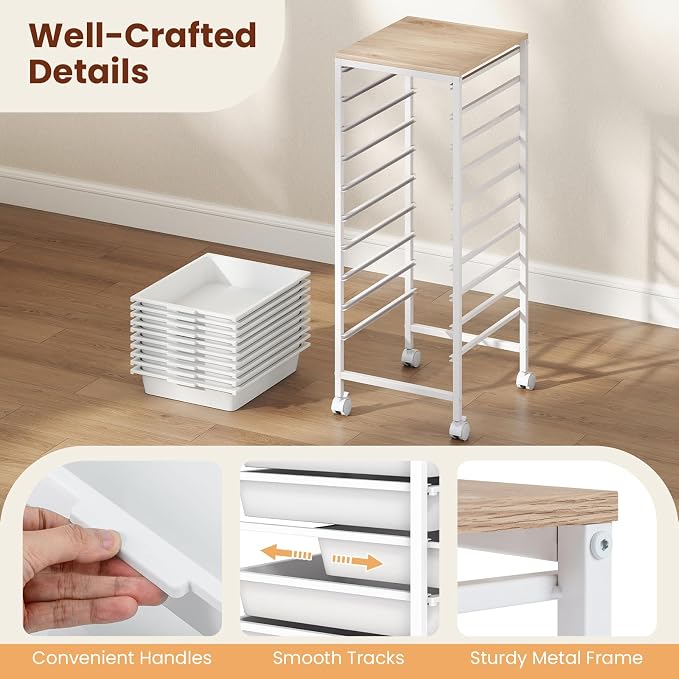 Giantex Rolling Storage Cart with 10 Drawers, Utility Cart w/Wooden Tabletop, Lockable Wheels, Multipurpose Organizer for Art Craft Books Paper, Drawer Carts for Dorm Classroom Office, White
