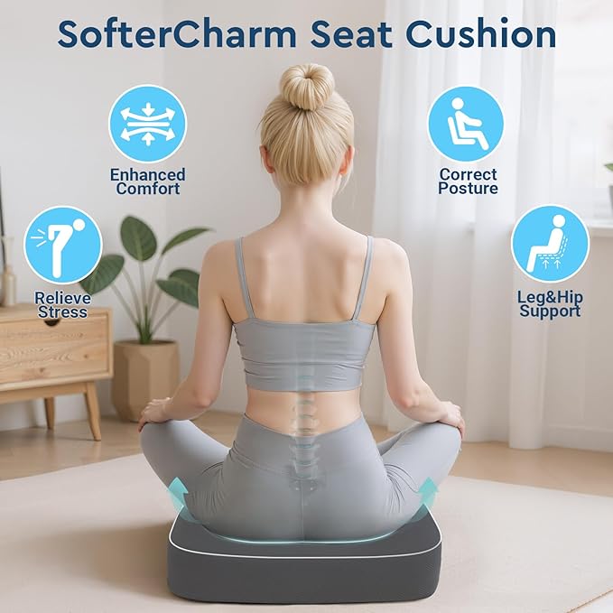 Seat Cushion, Memory Foam Office Chair Cushions for Long Sitting Hours, Chair Pad for Sciatica, Coccyx, Tailbone, Hip Pain & Pressure Relief, Office, Home, Car Seats,Airplane, Gray/X-Large