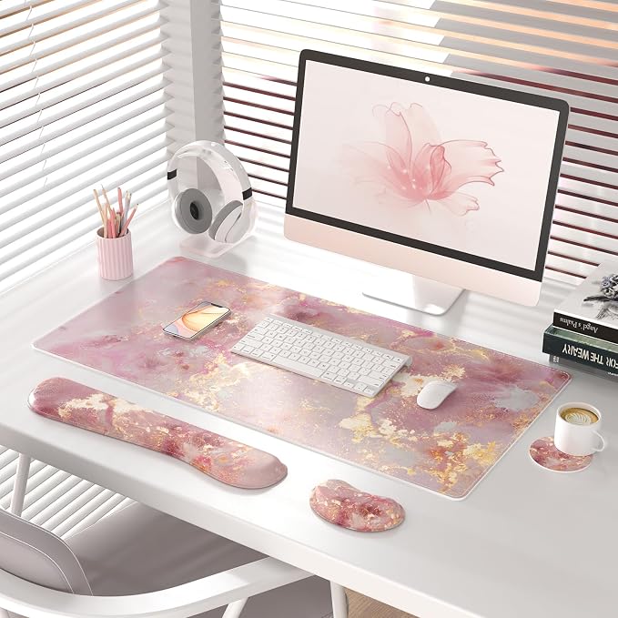 QIYI PU Leather Desk Mat Set, 4-in-1 Ergonomic Wrist Rest, Pink Marble | Waterproof Large Mouse Pad 31.5×15.7 + Keyboard Wrist Rest + Mouse Wrist Support+Coaster, Non-Slip Office Gaming Accessories