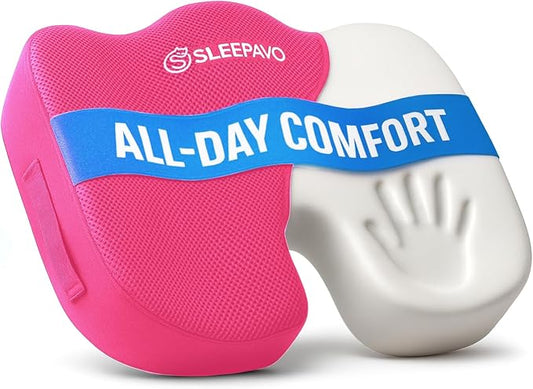 Sleepavo Office Chair Cushion - Seat Cushion for Tailbone Pain Relief - Butt Pillow for Coccyx, Sciatica, and Lower Back Pain - Orthopedic Chair Pad for Lumbar Support in Office Desk (Pink)