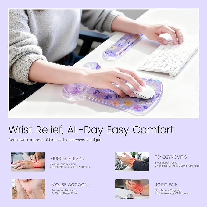 Ospelelf Mouse Pad with Wrist Rest and Ergonomic Gel Keyboard Hand Wrist, Support for Typing Gaming, Relieve Wrist Pain, Cool & Easy to Clean, for Office, Programmer, Home Computer Use Purple Floral