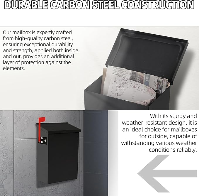 TonGass 7.1"x10.1"x3.8" Wall-Mount Mailbox for House with Flag and Number Stickers, Mailboxes for Outside Wall Mount with Screws Ideal for House Outdoor Use, Rust-Proof Carbon Steel Mailbox - Black
