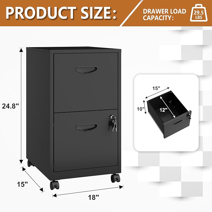 Polup 2 Drawer Rolling File Cabinet with Lock for Home Office | Metal Mobile Filing Cabinet on Wheels, Small Under Desk Storage, Fits Hanging Letter Size, Printer Stand, Black