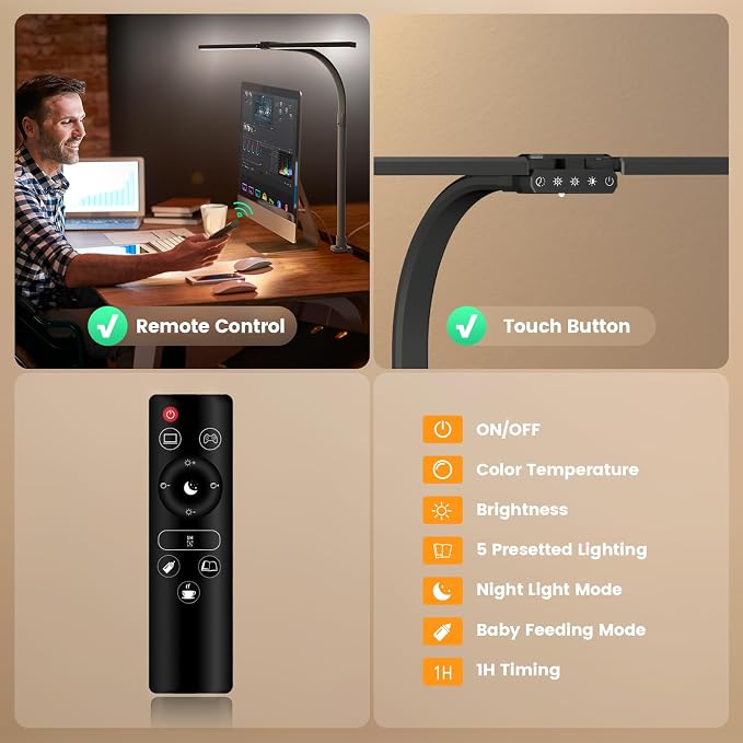 Upgraded Desk Lamp for Home Office - Dimmable Computer Desk Light with Remote, Modern Architect Task Lamp with Color Changing, Flexible Desktop Lamp with Gooseneck for Monitor, Double Head