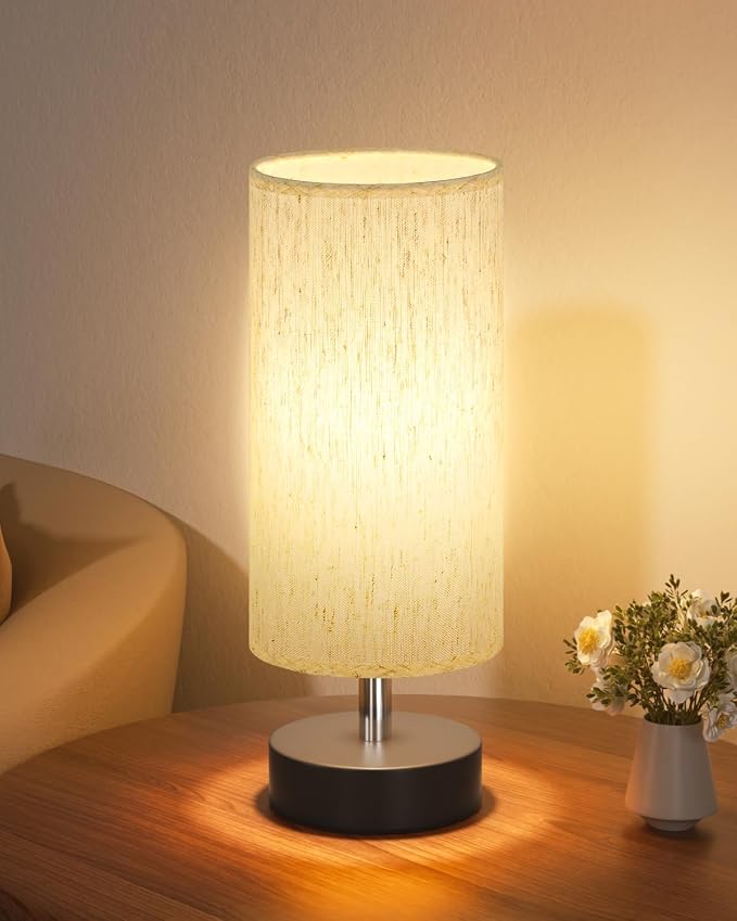PartageiZ Small Table Lamp for Bedroom - Bedside Lamps for Night Stands | Bulb not Included | Minimalist Desk Lamp | Linen Fabric Shade | for Living Room | for Dorm | 11.6" Inline Control