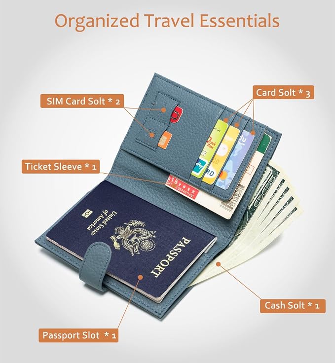 Leather RFID Blocking Slim Passport Holder for Travel Women | Multiple Passport Wallet for Women with Card Slots, Zipper Coin Pocket, Travel Passport Cover Case Gift Ready Denim Blue