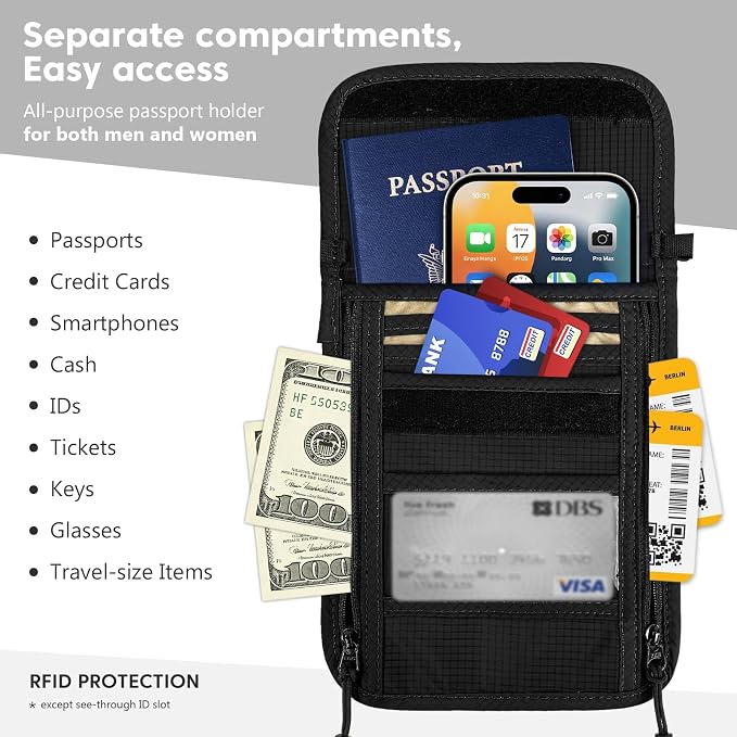 XIEEAOZEE Passport Holder, RFID Blocking Travel Wallet for Women & Men, Slim & Light Waterproof Neck Pouch, Hidden and Secure Passport Wallet (Black)