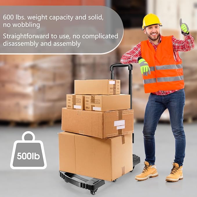 Voipvvii Folding Hand Truck 500lbs, Portable Heavy Duty Dolly Cart, 6 Wheels Collapsible Luggage Cart with 2 Elastic Ropes - Compact Trolley Cart for Easy Moving - Ideal Hand Cart for Travel and More