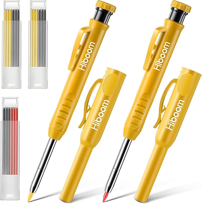 Hiboom 2 Pack Carpenter Pencils with Pencil Cap and 18 Refills, Yellow | Mechanical Pencil, Deep Hole Marking, Built-In Sharpener, Long Nose Tip, Pocket Clip, Marks Many Surfaces, Woodworking Use