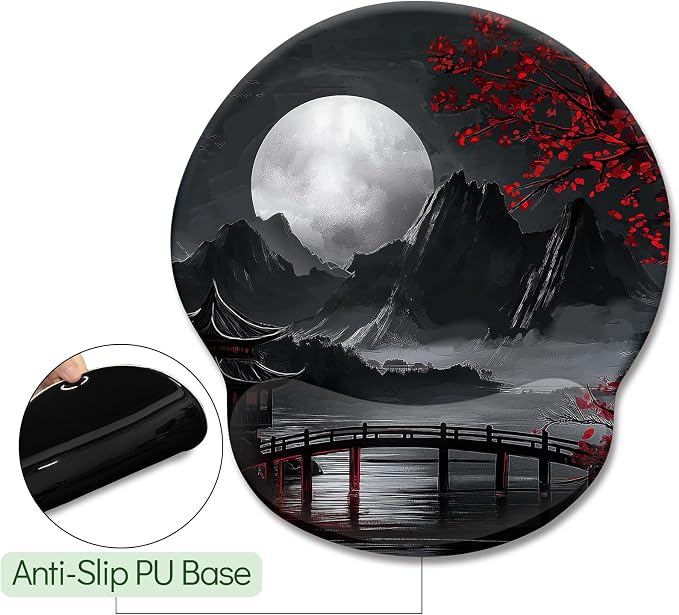 LIMKRIAN Mouse Pad with Gel Wrist Rest, 9.8 x 8.6 in, Japanese Full Moon | Ergonomic Wrist Support, Non-Slip PU Base, Pain Relief, Japanese Style Office Home Desk Accessories Decor