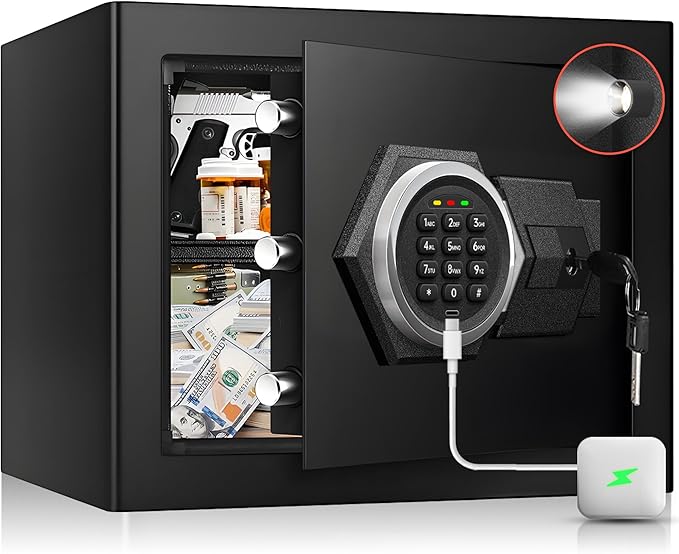 2.0 Cu Ft Small Home Safe Box, Fire Proof Safe with Type-C Port | Steel Security Box with Digital Electronic Keypad, Removable Shelf, Safety Lock Box for Office Documents Money Jewelry Gun