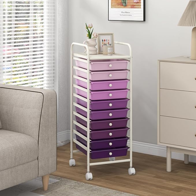 GLACER 10 Drawers Rolling Cart, Storage Cart with w/Removable Drawers & Steel Frame, Utility Mobile Trolley w/Universal Casters & 2 Brakes, Organizer Cart for Home, Office (Purple Gradient)