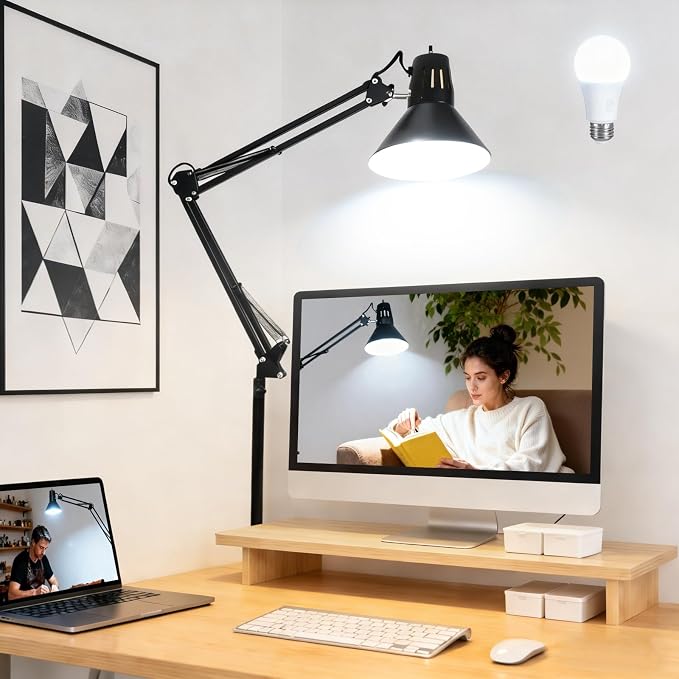 Black Desk Lamp with Clamp, Extra-Tall Adjustable Metal Swing Arm, 2 Pack | Manicurist Table Lamp for Nail Work, Drafting, Sewing, Crafting, College Dorm and Home Office, A19 Bulbs Included